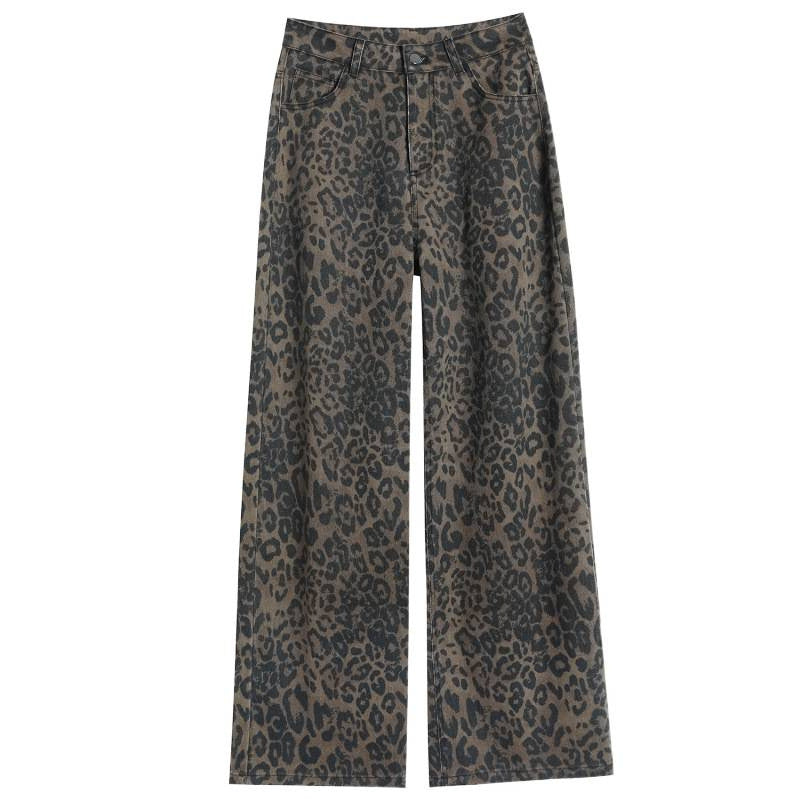 American-Style Leopard Print Work Jeans for Women, Spring and Autumn 2025 New High-Waisted Slimming Straight Narrow Casual Wide-Leg Pants