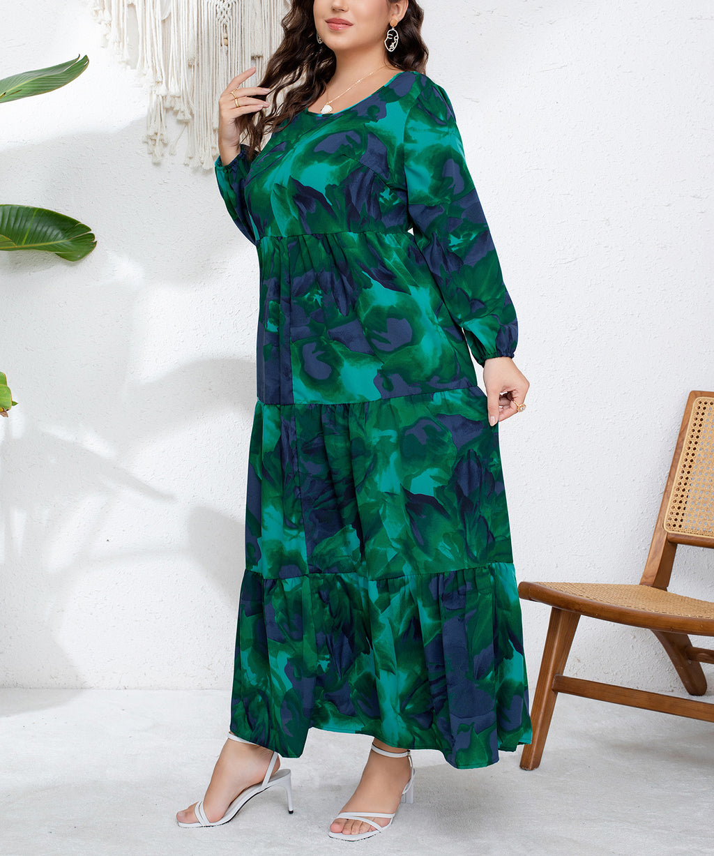 In-Stock Plus-Size European and American Style French Autumn and Winter New Design Fashion V-Neck Printed Pleated Long-Sleeve Long Dress