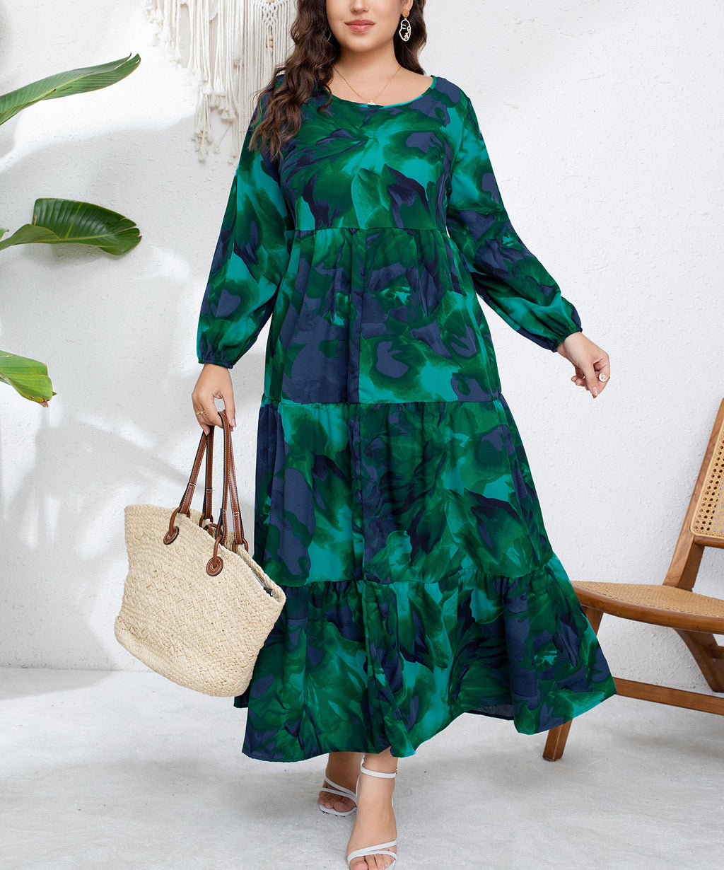 In-Stock Plus-Size European and American Style French Autumn and Winter New Design Fashion V-Neck Printed Pleated Long-Sleeve Long Dress