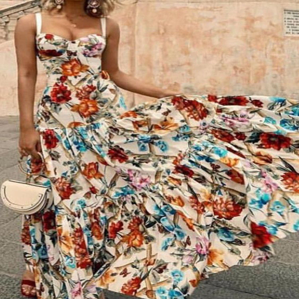 2025 Summer European and American Export New Women's Clothing Wish Amazon Sexy Sleeveless Suspender Long Skirt Printed Dress