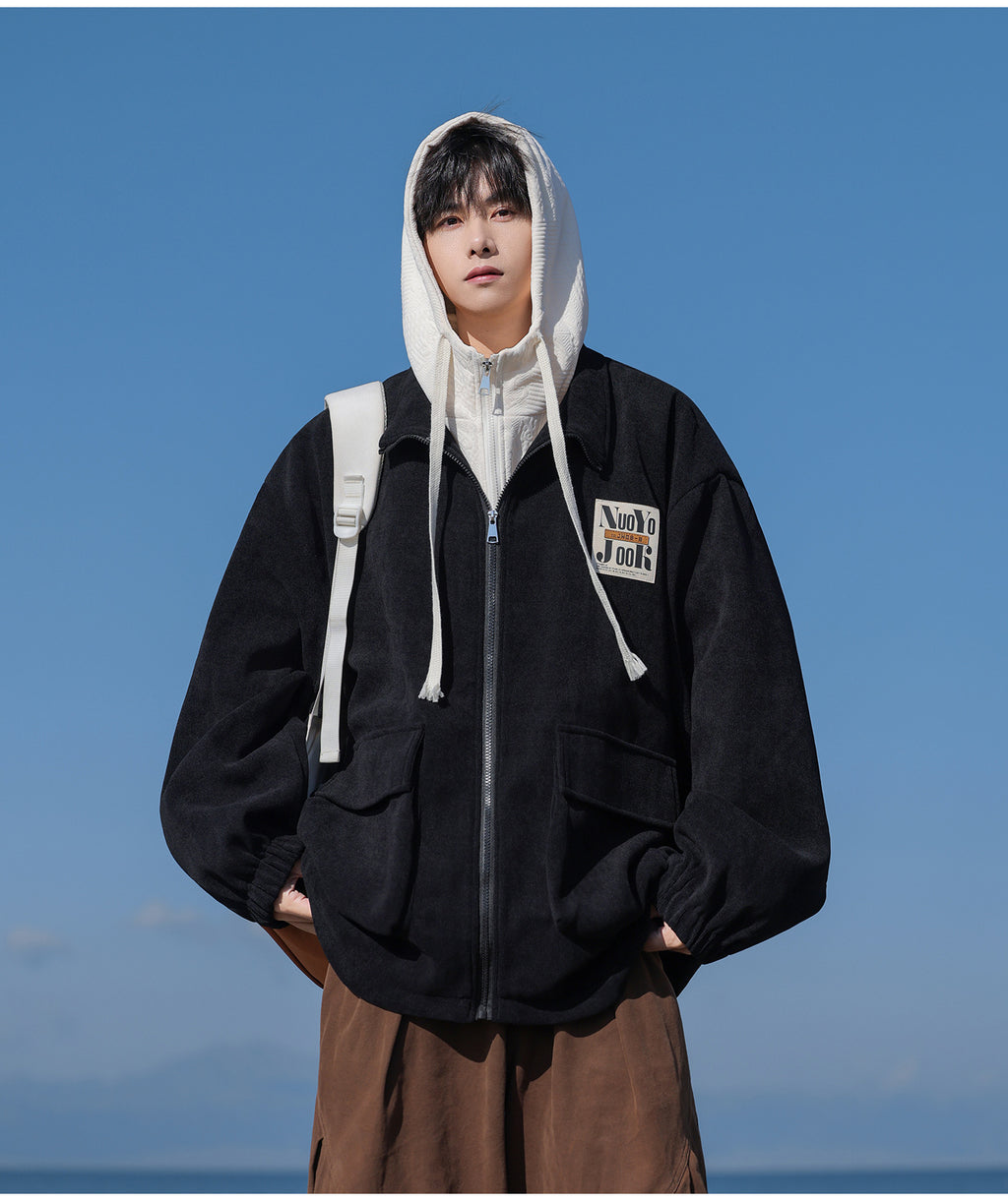 2025 Autumn New Large Size Men's Jackets Fashion Loose Hooded Fake Two-Piece Jackets Trendy Label Tops for Men