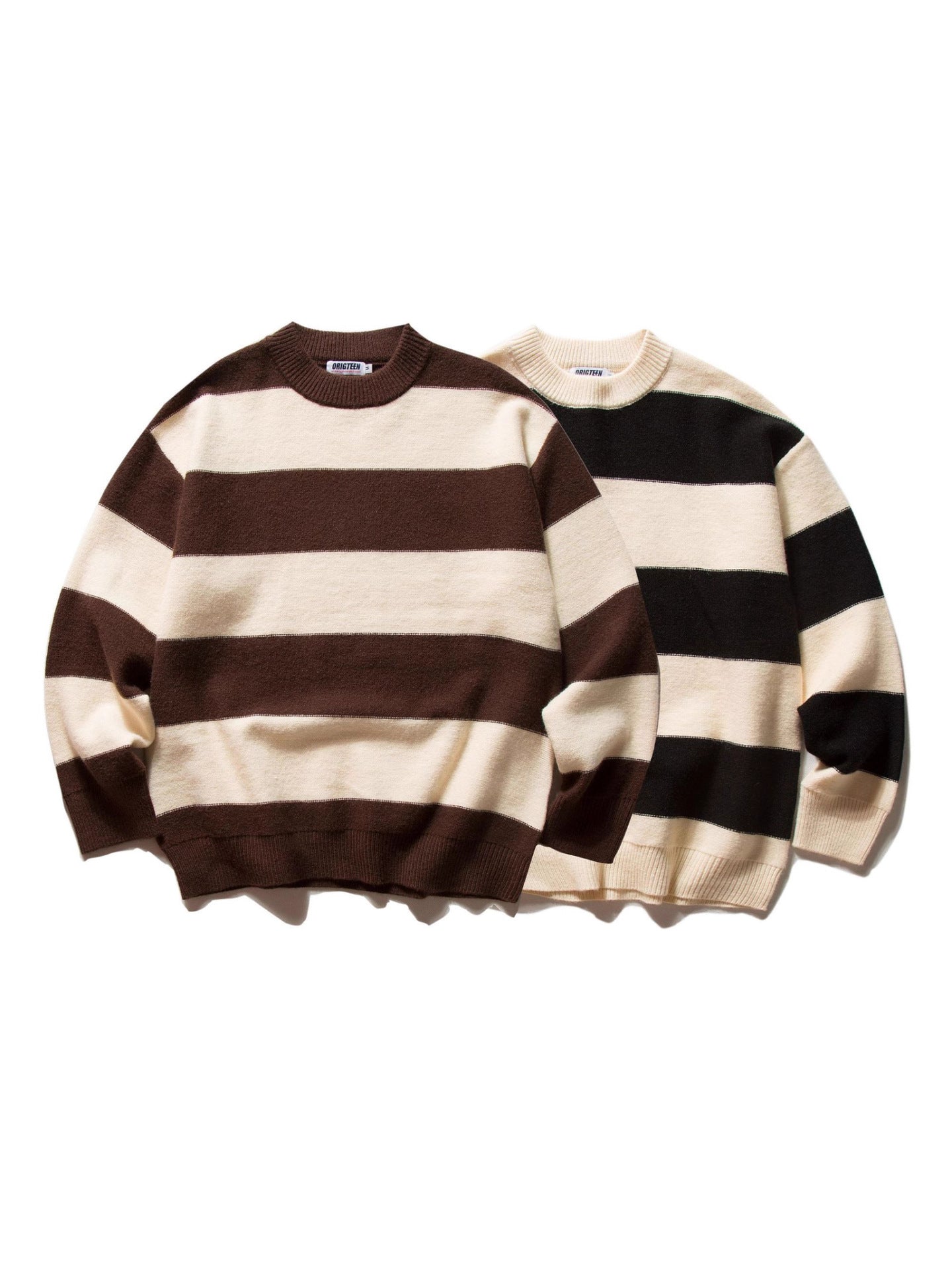 Mr. Song's Cross-Border Japanese Style Trendy Thick Striped Pullover Crew Neck Sweater Retro Color-Blocking Couple Knitwear for Men and Women