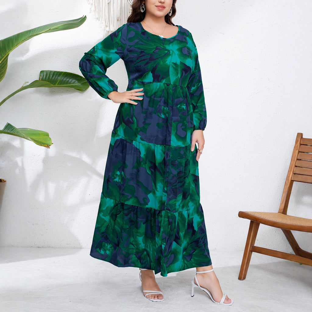 In-Stock Plus-Size European and American Style French Autumn and Winter New Design Fashion V-Neck Printed Pleated Long-Sleeve Long Dress