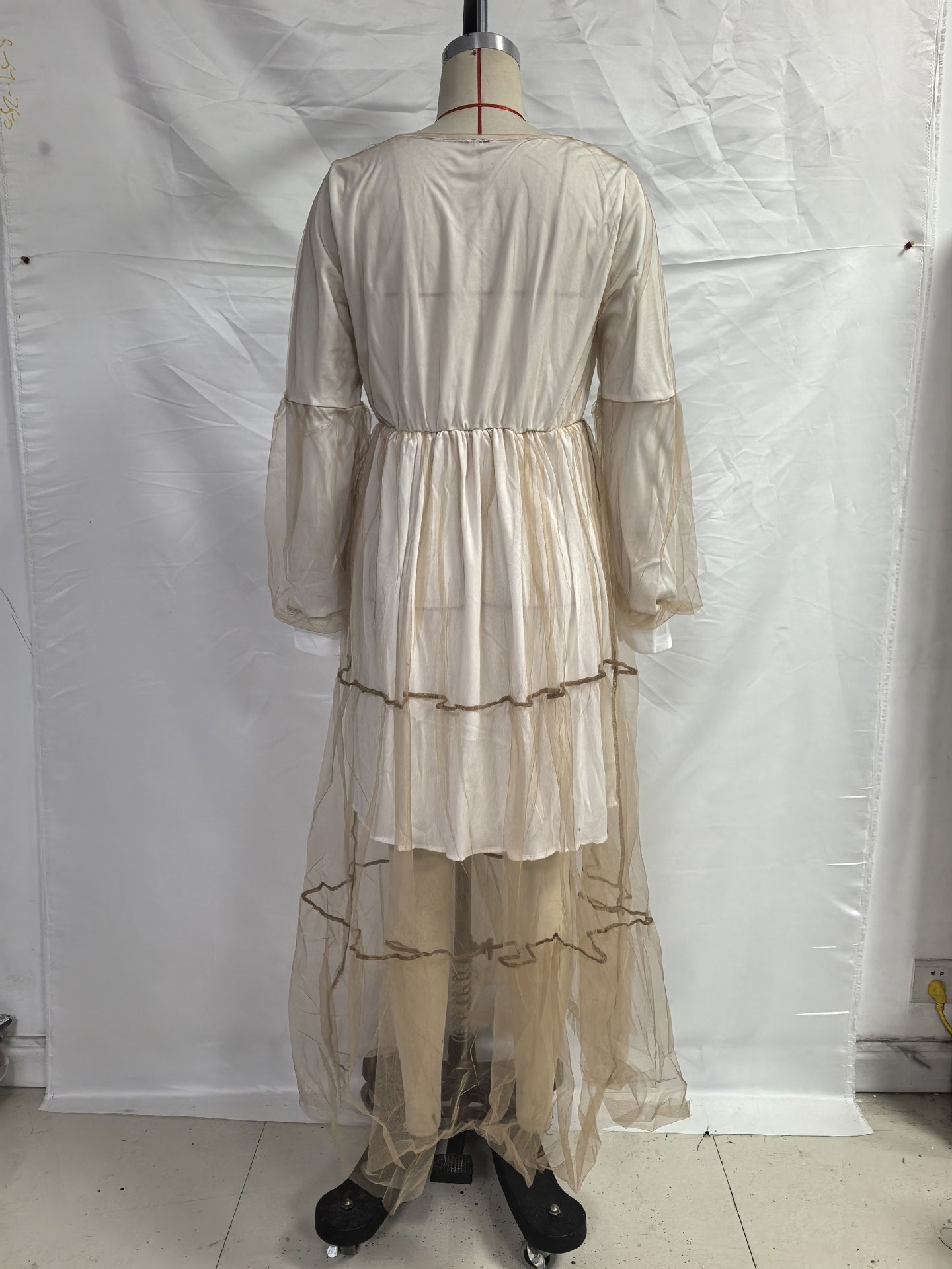 2025 Cross-Border Xia Xin Foreign Trade Amazon European and American Fashion Deep V-Neck Puff Sleeve Mesh See-Through Dress Long Skirt