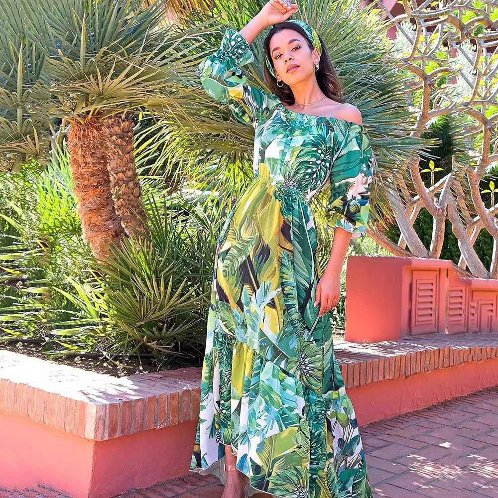 2025 Cross-Border New Spring and Summer European and American Women's Dress Printed One-Shoulder Slimming Look Elegant Commuter Long Skirt
