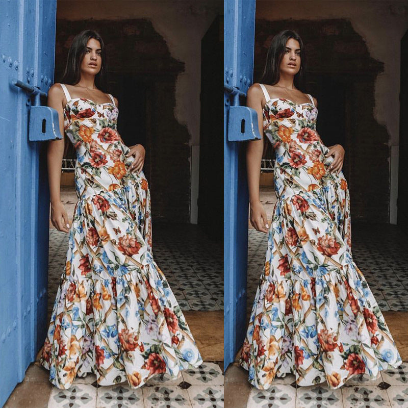 2025 Summer European and American Export New Women's Clothing Wish Amazon Sexy Sleeveless Suspender Long Skirt Printed Dress