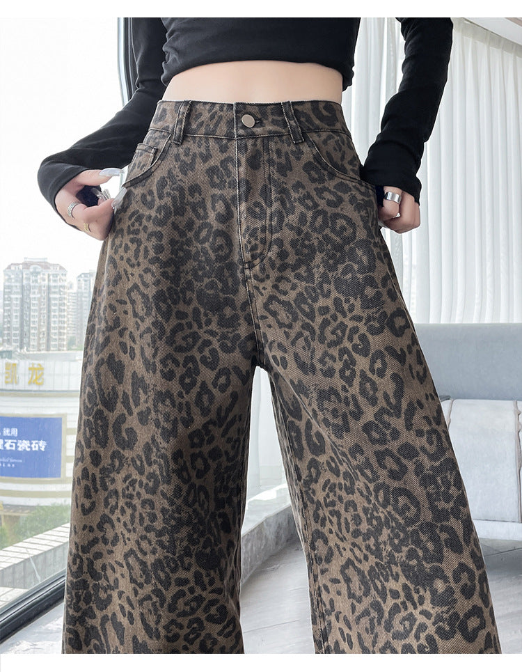 American-Style Leopard Print Work Jeans for Women, Spring and Autumn 2025 New High-Waisted Slimming Straight Narrow Casual Wide-Leg Pants