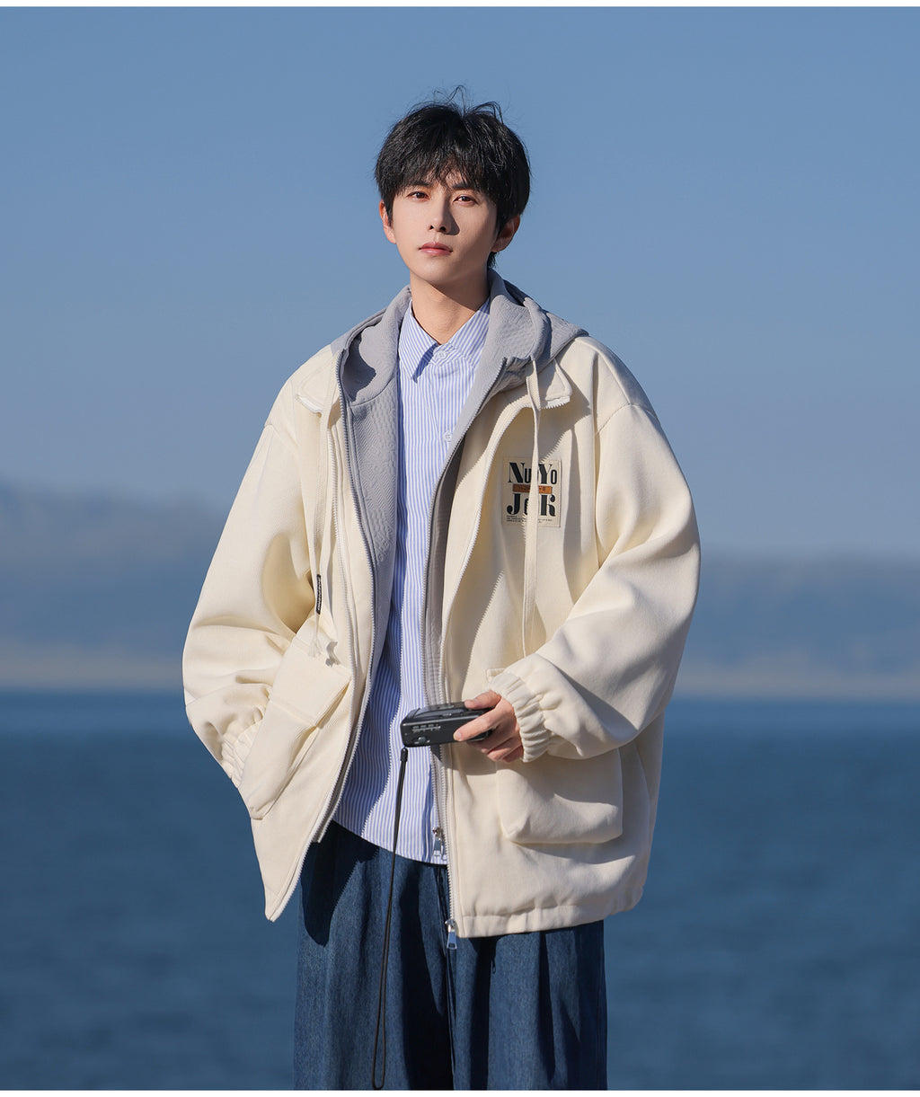 2025 Autumn New Large Size Men's Jackets Fashion Loose Hooded Fake Two-Piece Jackets Trendy Label Tops for Men