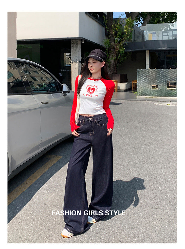 Dark Blue American High-Waisted Wide-Leg Jeans for Women in Autumn and Winter New Style Loose and Slim Straight-Leg Versatile Jeans