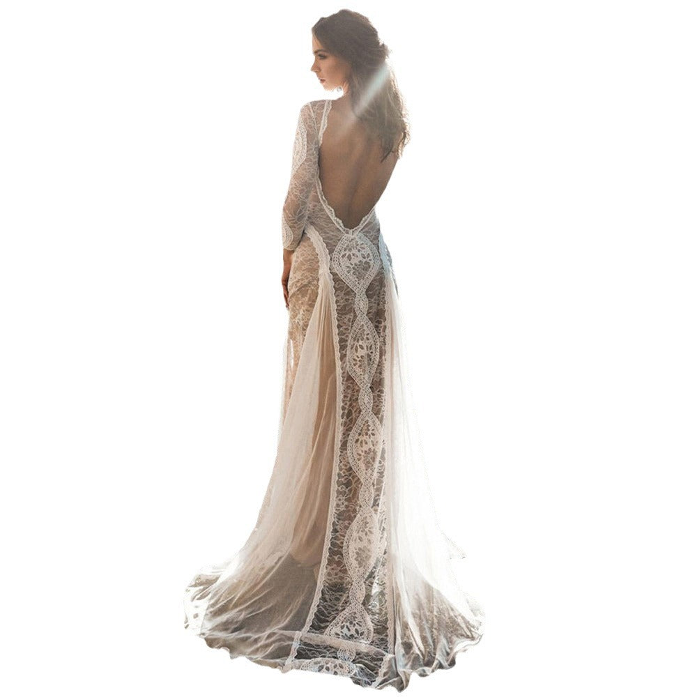 2025 Spring New European and American Women's Celebrity Banquet Wedding Dress Round Neck Long Sleeve Printed Backless Lace Dress