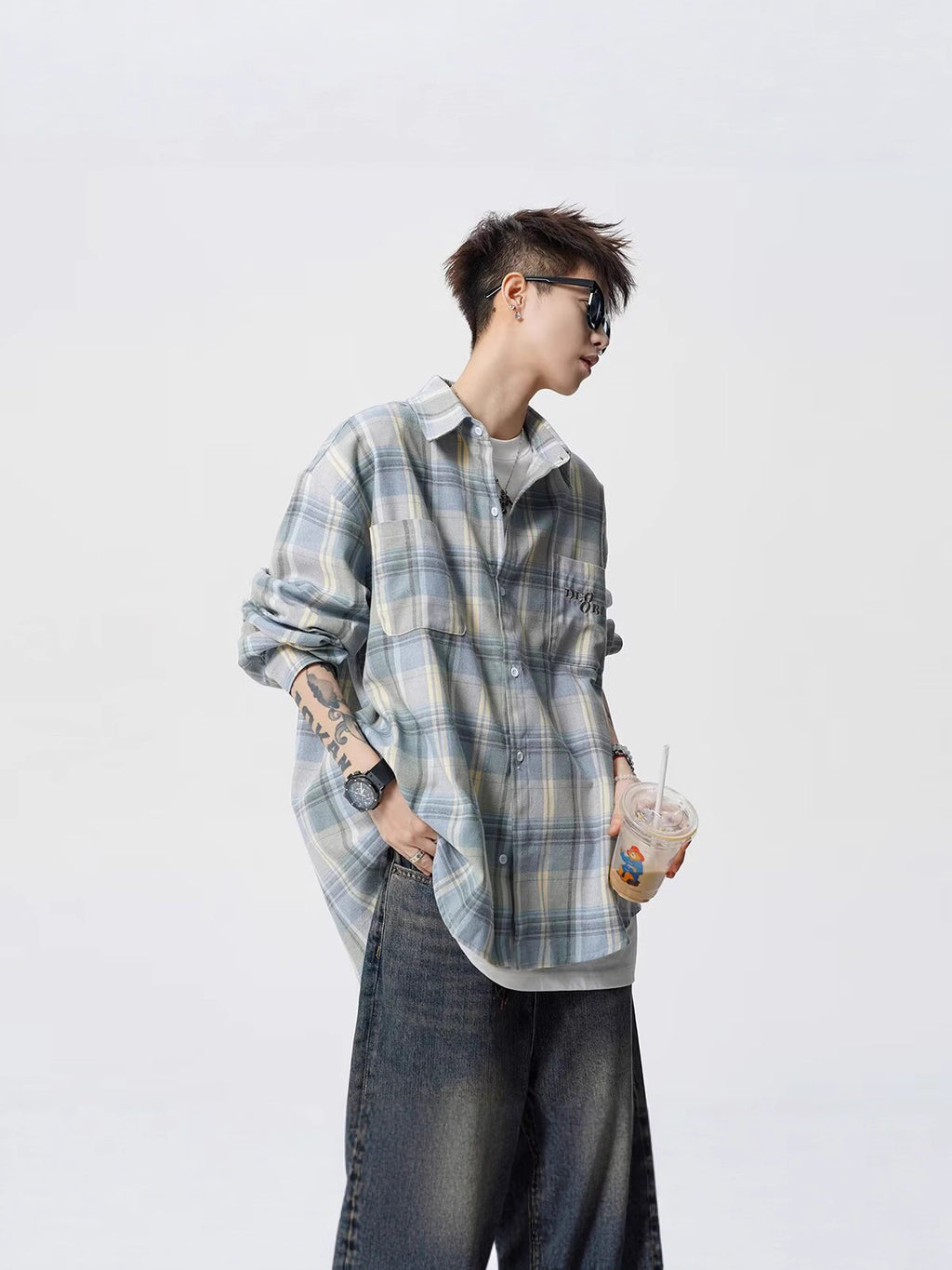 Spring and Autum Cotton Large Size Men's Long-Sleeved Plaid Shirt Men's Trendy American Retro Loose Casual Shirt Jacket