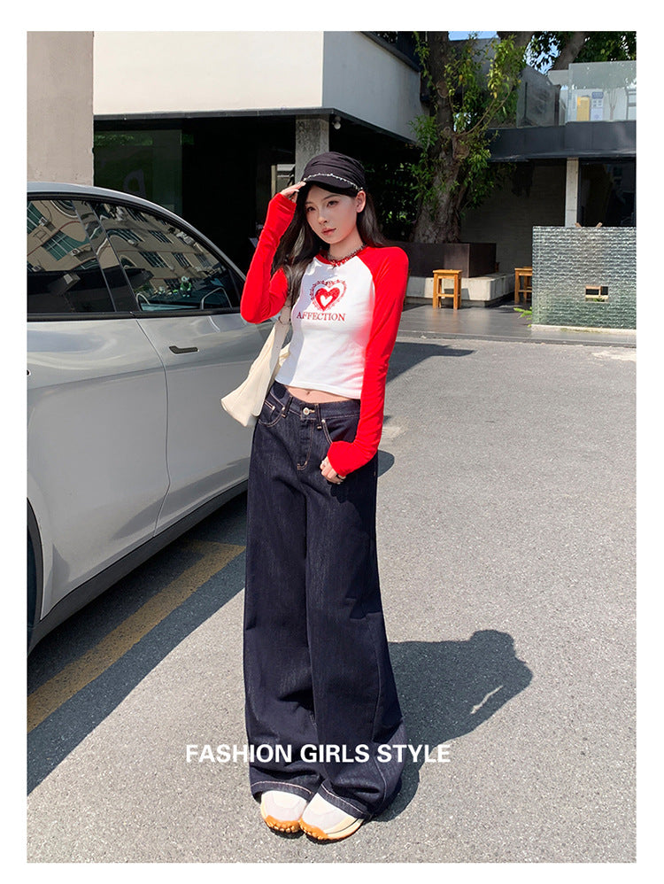 Dark Blue American High-Waisted Wide-Leg Jeans for Women in Autumn and Winter New Style Loose and Slim Straight-Leg Versatile Jeans