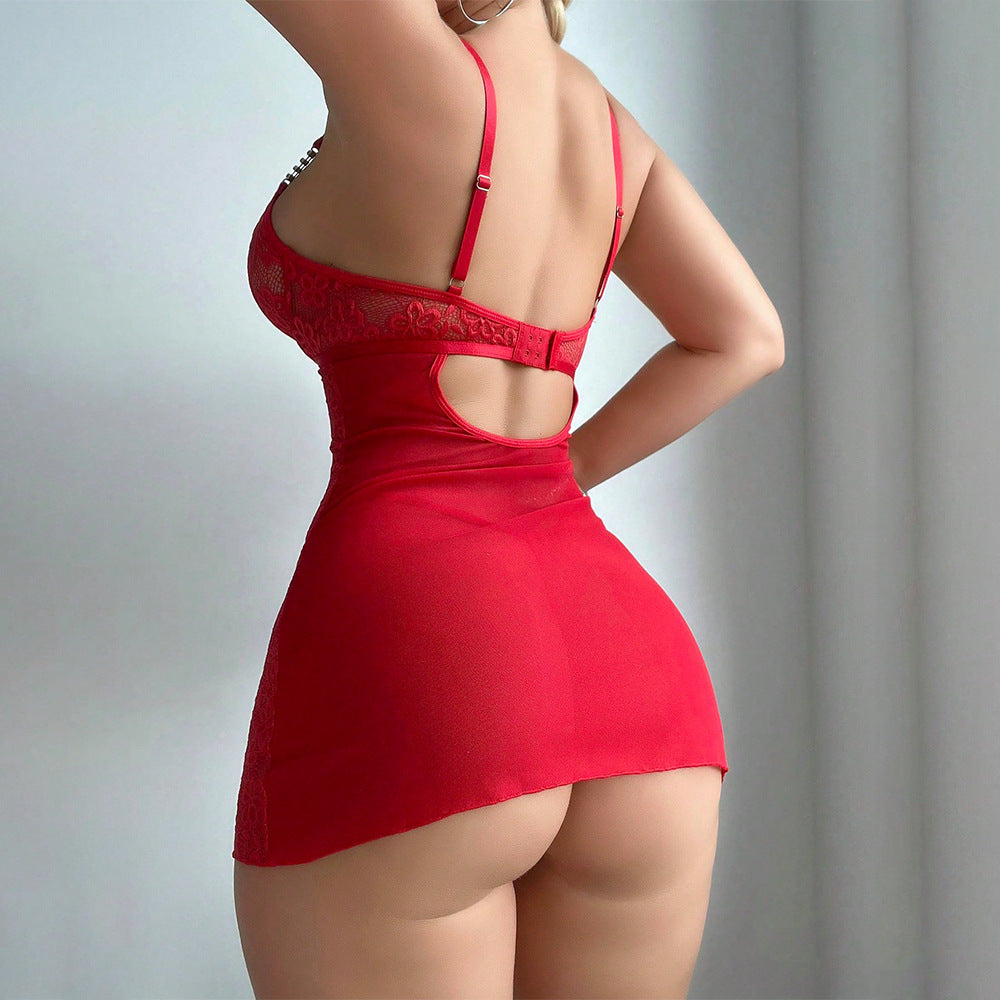 Cross-Border Foreign Trade Hot-Selling Sexy Lingerie Set Embroidered Lace See-Through Nightgown Thong Two-Piece Set for Women