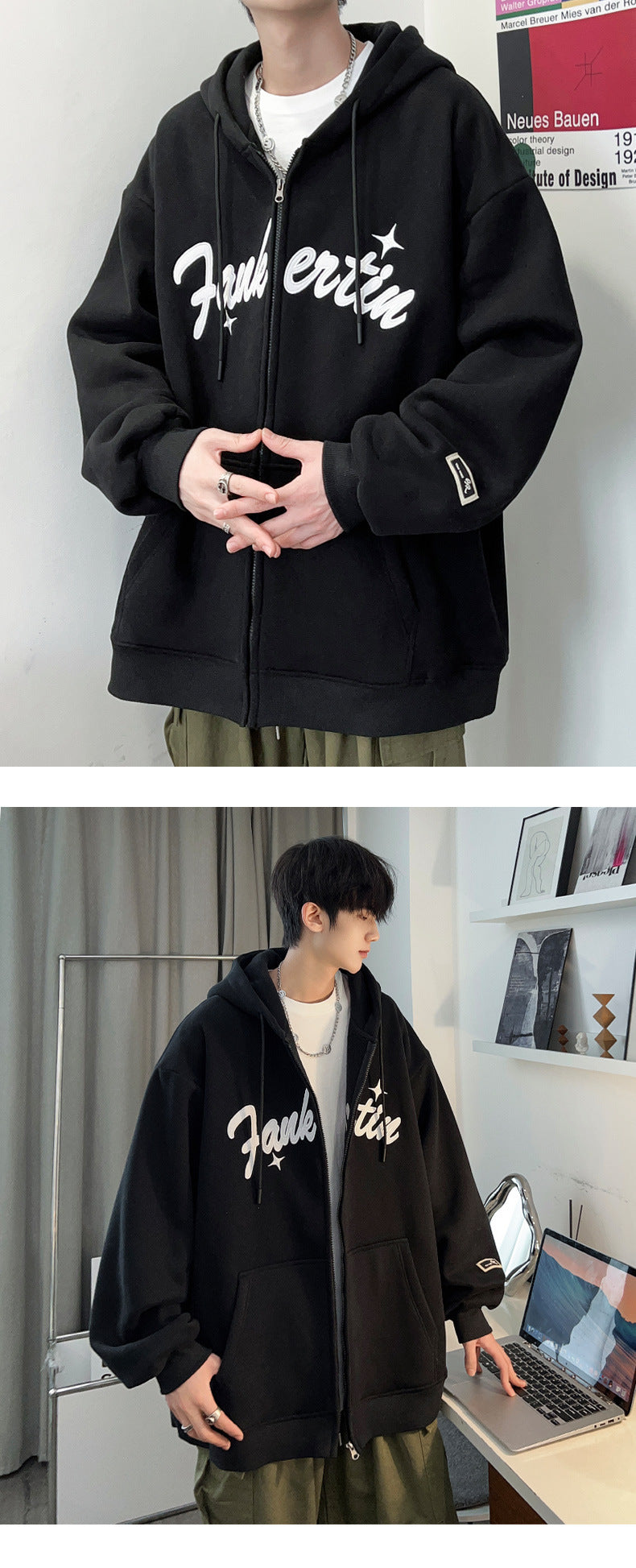 Plus Size Spring and Autumn New Heavy Hooded Cardigan Sweatshirt with Letter Embroidery, Oversized Casual Men's Jacket