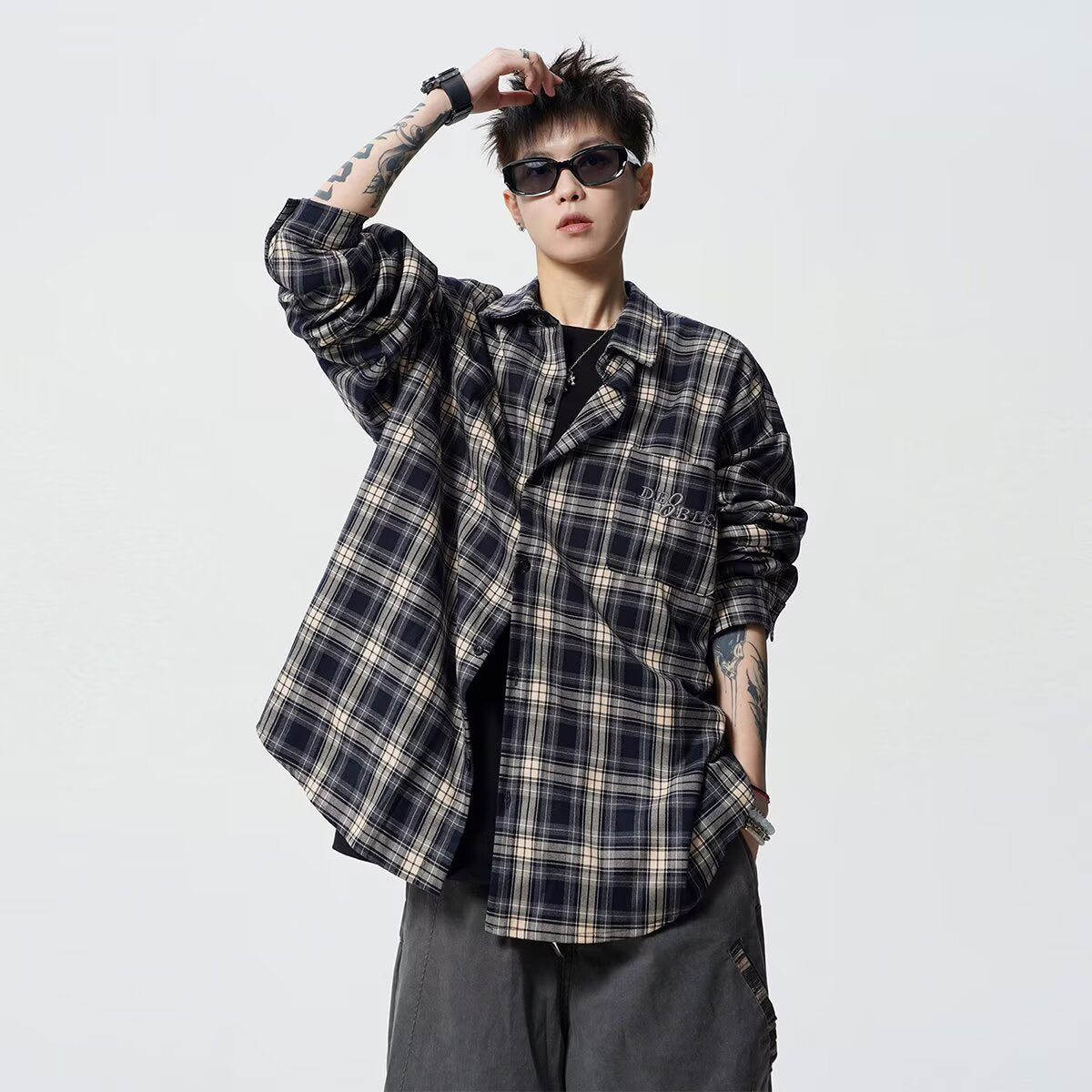 Spring and Autum Cotton Large Size Men's Long-Sleeved Plaid Shirt Men's Trendy American Retro Loose Casual Shirt Jacket