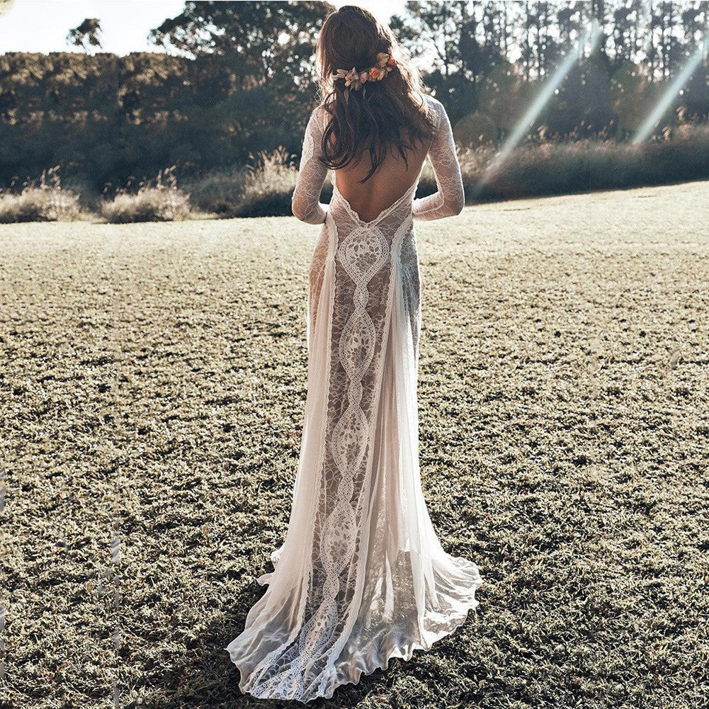 2025 Spring New European and American Women's Celebrity Banquet Wedding Dress Round Neck Long Sleeve Printed Backless Lace Dress