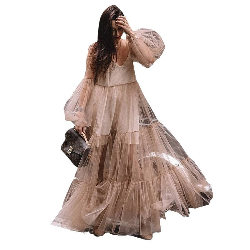 2025 Cross-Border Xia Xin Foreign Trade Amazon European and American Fashion Deep V-Neck Puff Sleeve Mesh See-Through Dress Long Skirt