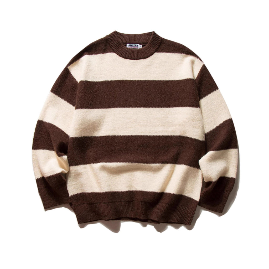 Mr. Song's Cross-Border Japanese Style Trendy Thick Striped Pullover Crew Neck Sweater Retro Color-Blocking Couple Knitwear for Men and Women