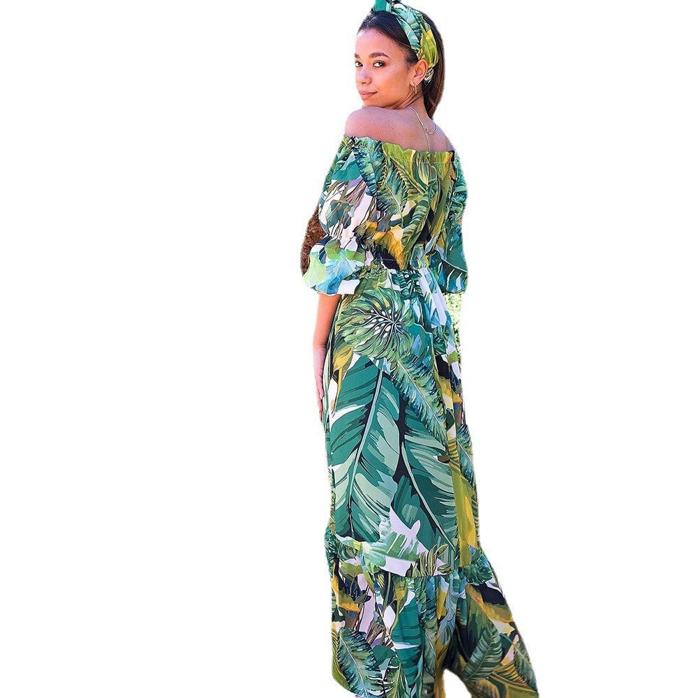 2025 Cross-Border New Spring and Summer European and American Women's Dress Printed One-Shoulder Slimming Look Elegant Commuter Long Skirt