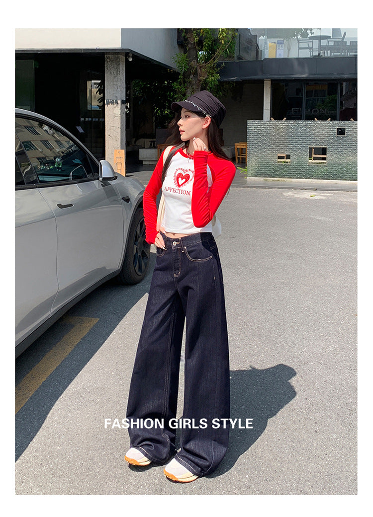 Dark Blue American High-Waisted Wide-Leg Jeans for Women in Autumn and Winter New Style Loose and Slim Straight-Leg Versatile Jeans