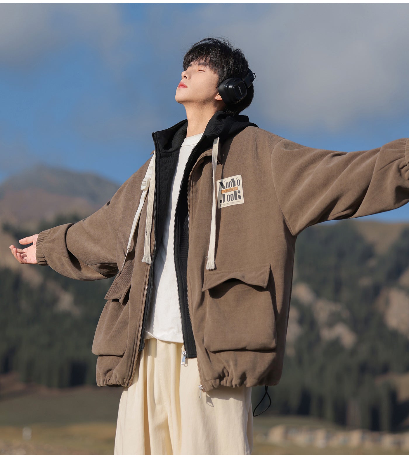 2025 Autumn New Large Size Men's Jackets Fashion Loose Hooded Fake Two-Piece Jackets Trendy Label Tops for Men