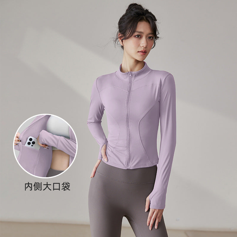 Yoga Tops Women's Slim Fit Fitness Top Zipper Cardigan Training Running Tops Sports Top with Pocket