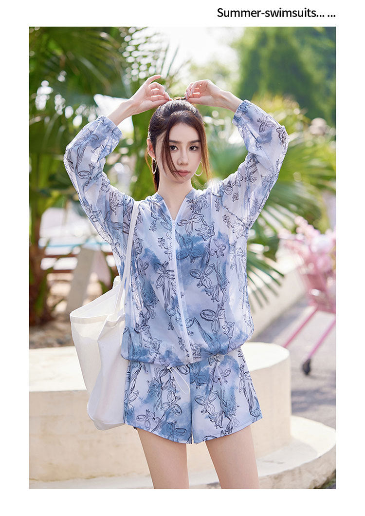 Plus-Size Sports Two-Piece Swimsuit for Women, Three-Piece Set for Curvy Figures, Tummy-Concealing, Slimming, Conservative Student Hot Spring Long-Sleeve Cover-Up
