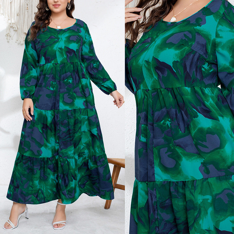 In-Stock Plus-Size European and American Style French Autumn and Winter New Design Fashion V-Neck Printed Pleated Long-Sleeve Long Dress