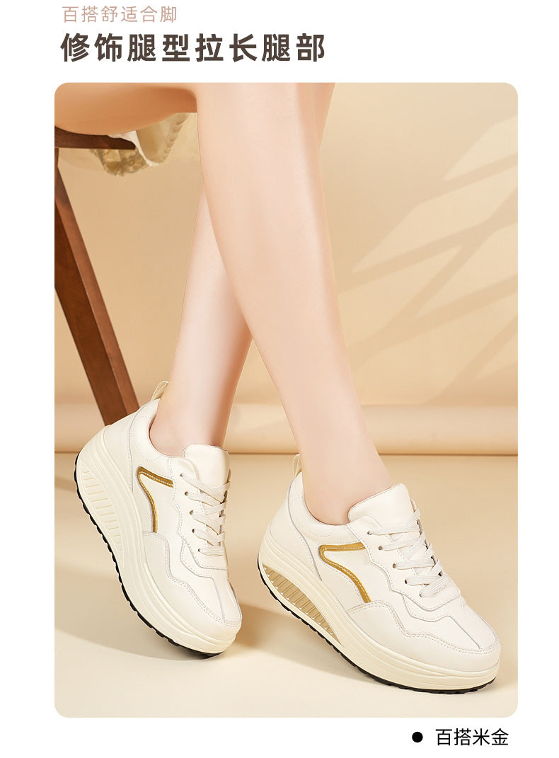 Genuine Leather Casual Sports Shoes, Thick-Soled Rocking Shoes, Height-Increasing Shoes, Sports Shoes, Cross-Border Mom Shoes, Spring and Autumn New Commuter Shoes