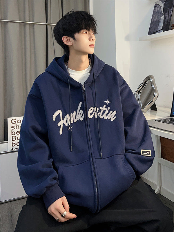 Plus Size Spring and Autumn New Heavy Hooded Cardigan Sweatshirt with Letter Embroidery, Oversized Casual Men's Jacket