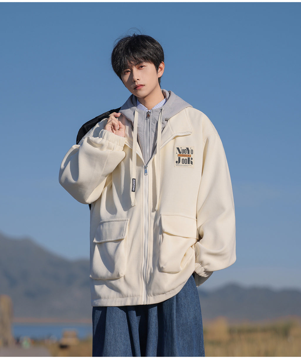 2025 Autumn New Large Size Men's Jackets Fashion Loose Hooded Fake Two-Piece Jackets Trendy Label Tops for Men