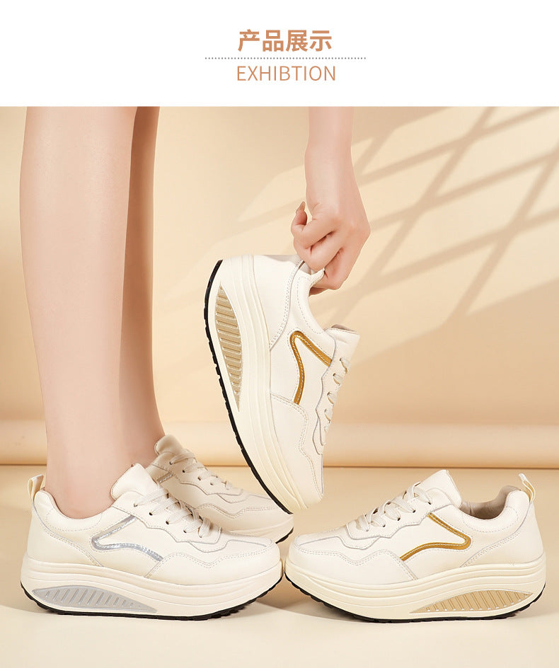 Genuine Leather Casual Sports Shoes, Thick-Soled Rocking Shoes, Height-Increasing Shoes, Sports Shoes, Cross-Border Mom Shoes, Spring and Autumn New Commuter Shoes
