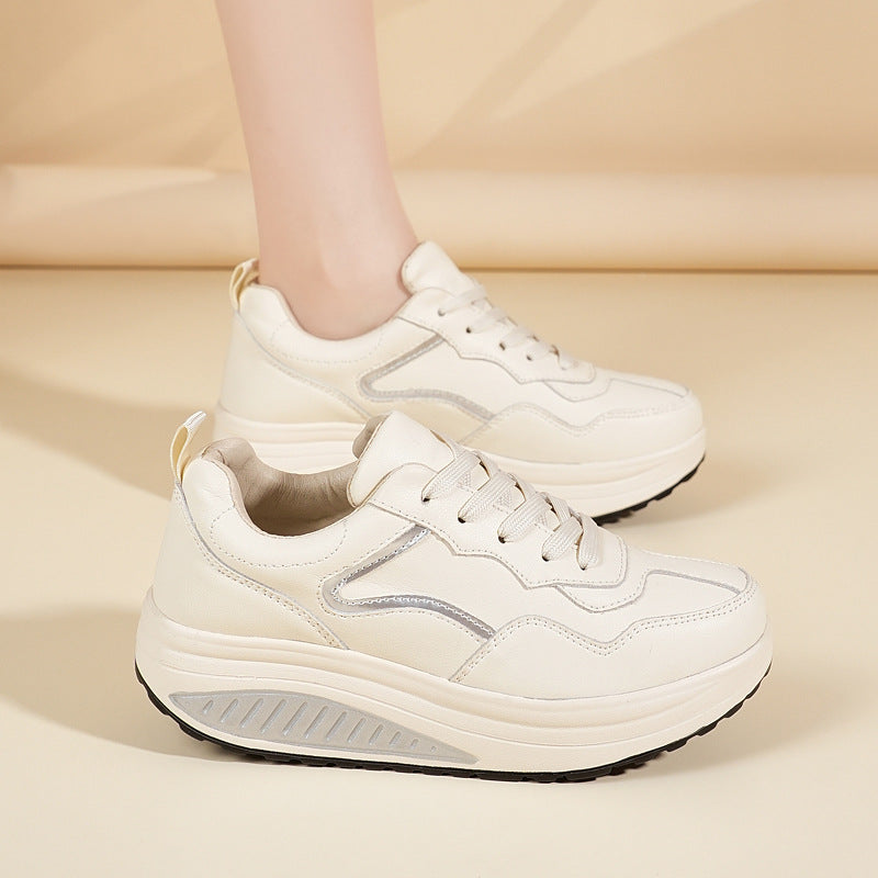 Genuine Leather Casual Sports Shoes, Thick-Soled Rocking Shoes, Height-Increasing Shoes, Sports Shoes, Cross-Border Mom Shoes, Spring and Autumn New Commuter Shoes