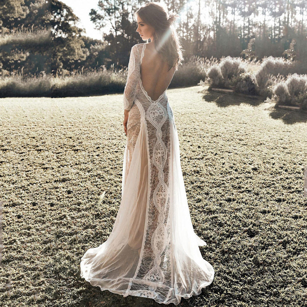 2025 Spring New European and American Women's Celebrity Banquet Wedding Dress Round Neck Long Sleeve Printed Backless Lace Dress