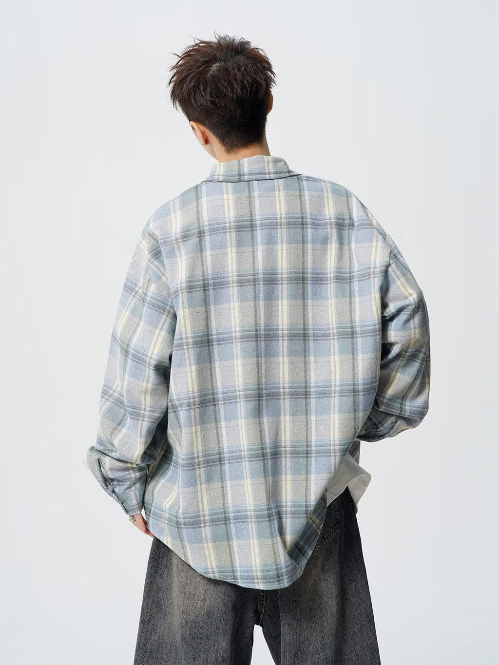 Spring and Autum Cotton Large Size Men's Long-Sleeved Plaid Shirt Men's Trendy American Retro Loose Casual Shirt Jacket