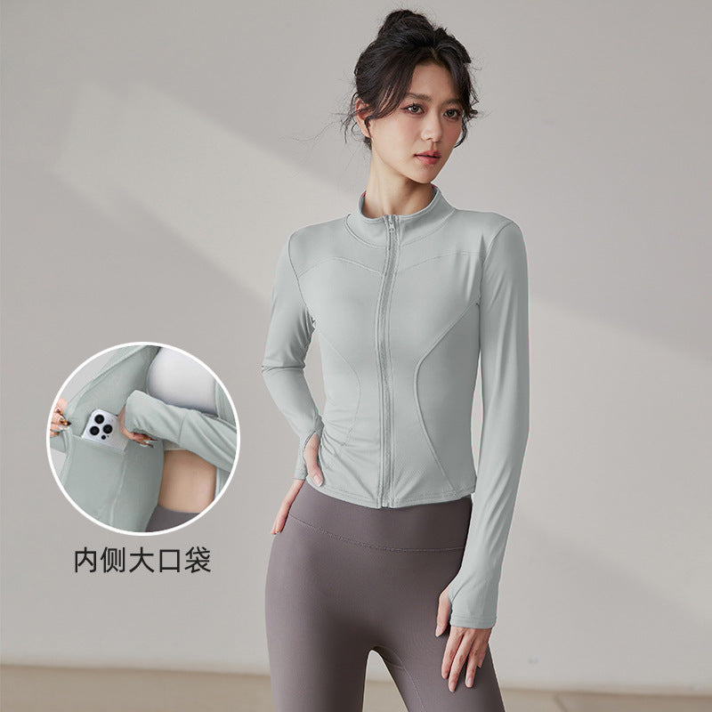 Yoga Tops Women's Slim Fit Fitness Top Zipper Cardigan Training Running Tops Sports Top with Pocket