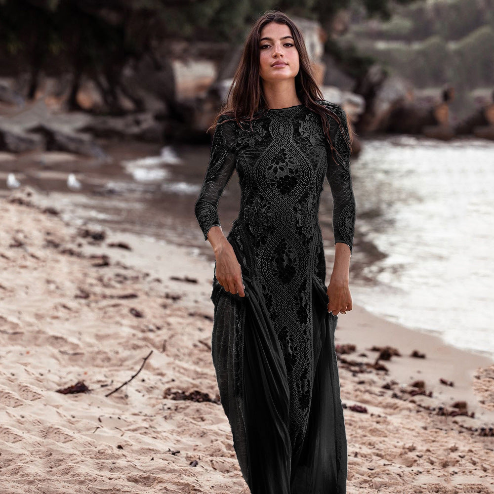 2025 Spring New European and American Women's Celebrity Banquet Wedding Dress Round Neck Long Sleeve Printed Backless Lace Dress