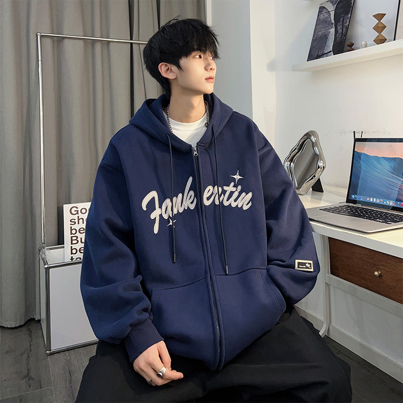 Plus Size Spring and Autumn New Heavy Hooded Cardigan Sweatshirt with Letter Embroidery, Oversized Casual Men's Jacket