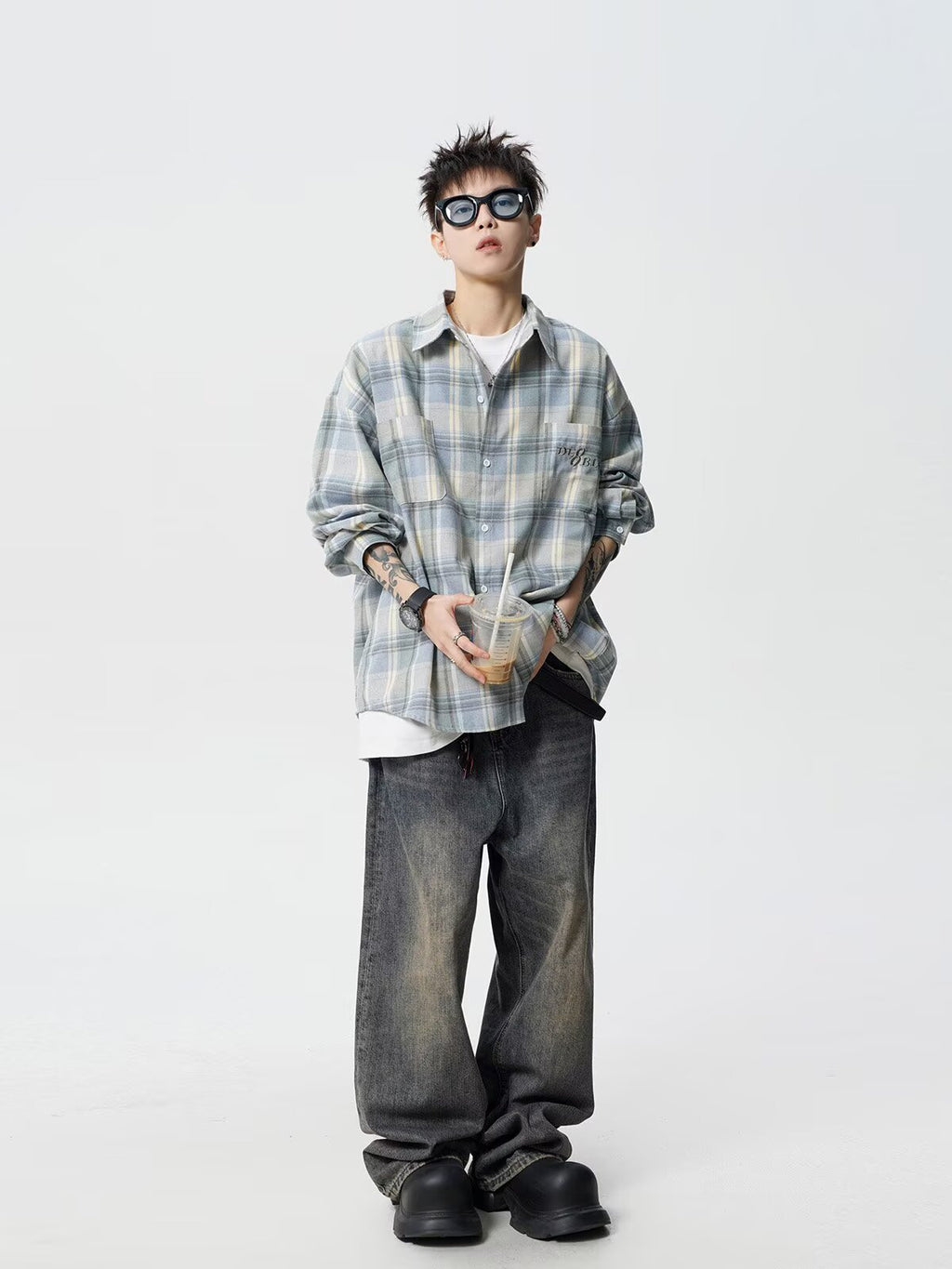 Spring and Autum Cotton Large Size Men's Long-Sleeved Plaid Shirt Men's Trendy American Retro Loose Casual Shirt Jacket
