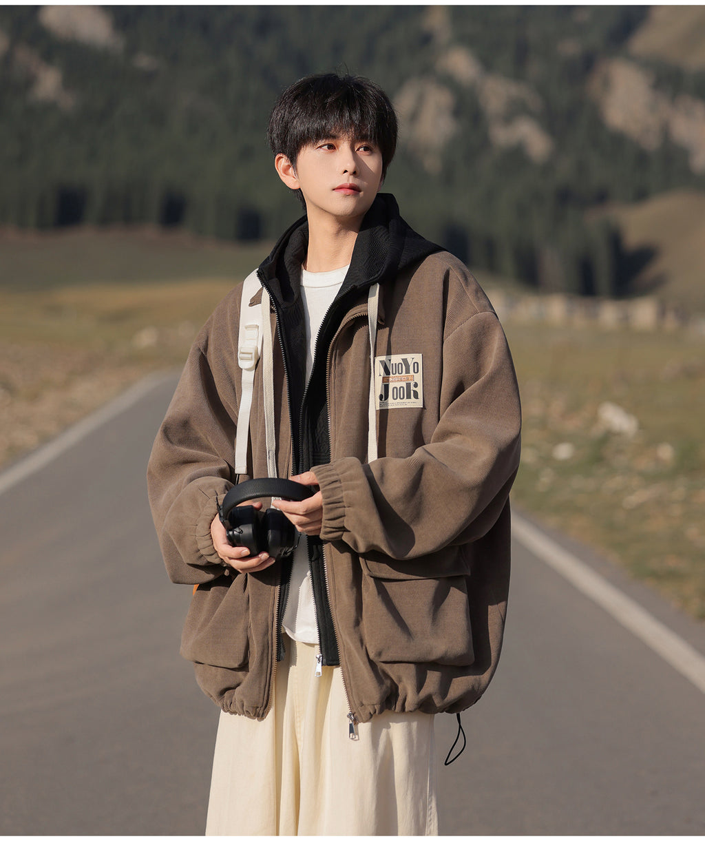 2025 Autumn New Large Size Men's Jackets Fashion Loose Hooded Fake Two-Piece Jackets Trendy Label Tops for Men