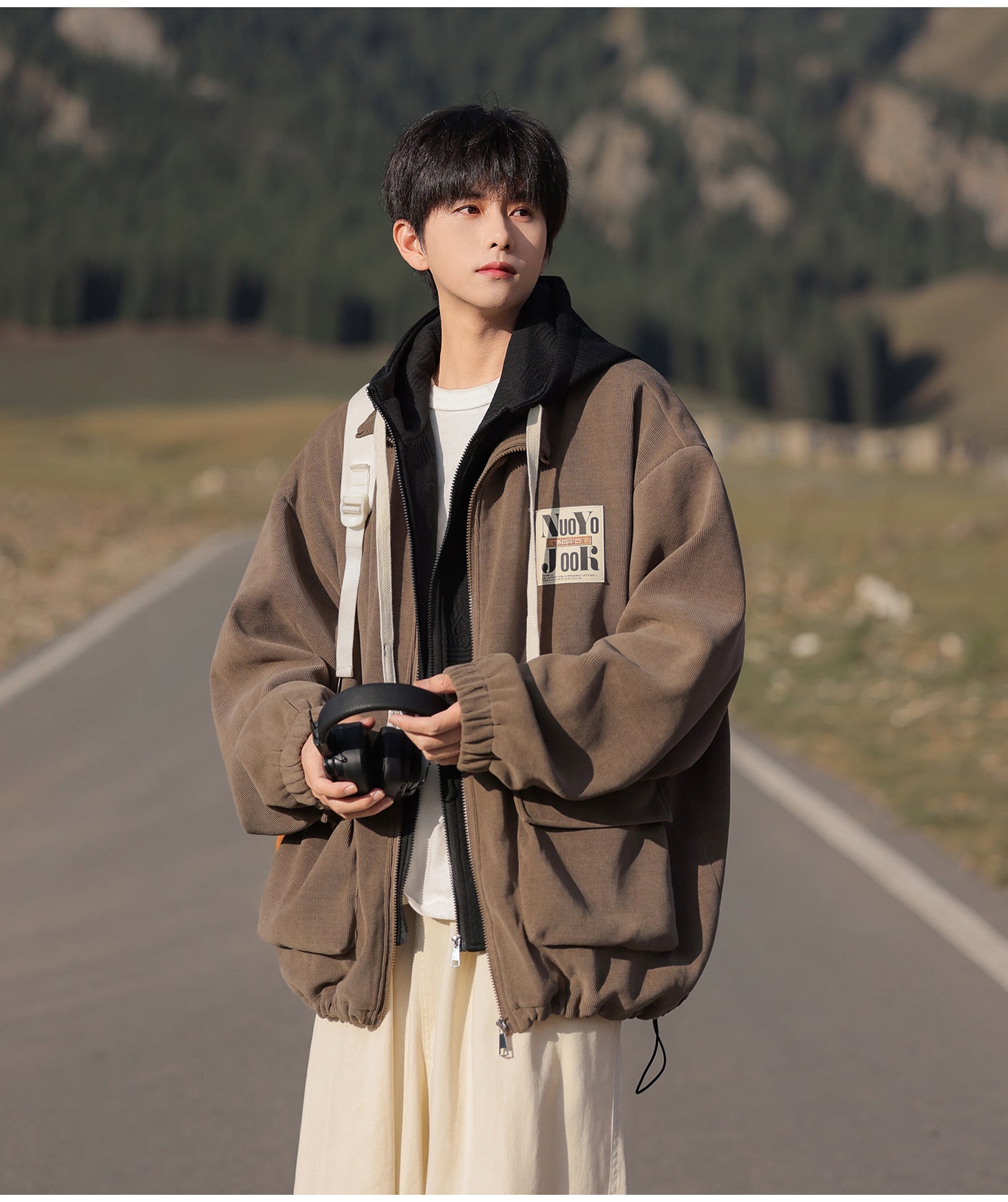 2025 Autumn New Large Size Men's Jackets Fashion Loose Hooded Fake Two-Piece Jackets Trendy Label Tops for Men