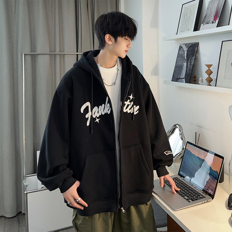 Plus Size Spring and Autumn New Heavy Hooded Cardigan Sweatshirt with Letter Embroidery, Oversized Casual Men's Jacket