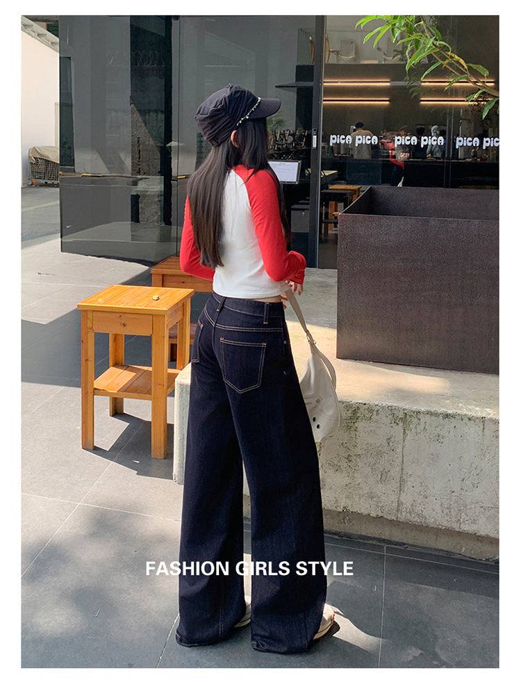 Dark Blue American High-Waisted Wide-Leg Jeans for Women in Autumn and Winter New Style Loose and Slim Straight-Leg Versatile Jeans