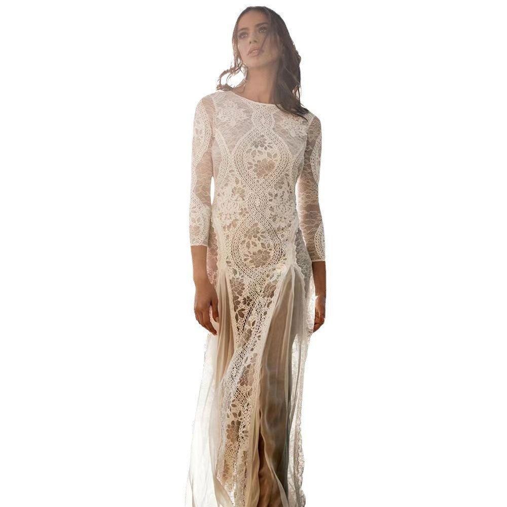 2025 Spring New European and American Women's Celebrity Banquet Wedding Dress Round Neck Long Sleeve Printed Backless Lace Dress
