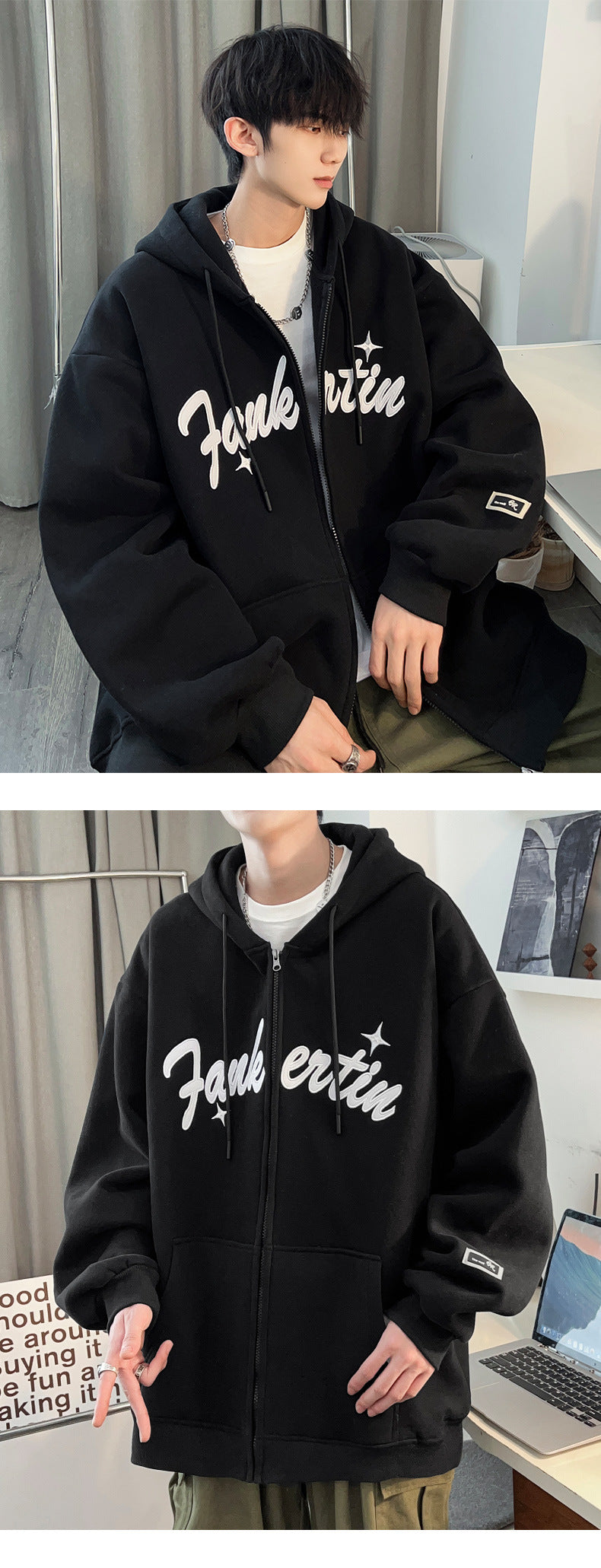 Plus Size Spring and Autumn New Heavy Hooded Cardigan Sweatshirt with Letter Embroidery, Oversized Casual Men's Jacket