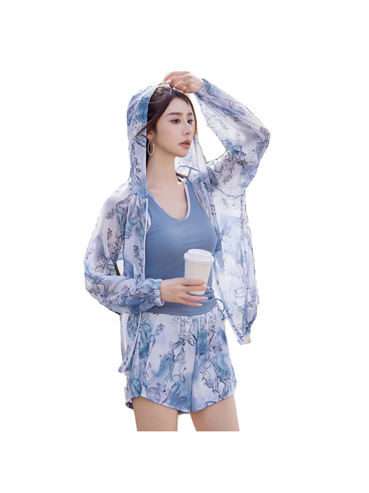 Plus-Size Sports Two-Piece Swimsuit for Women, Three-Piece Set for Curvy Figures, Tummy-Concealing, Slimming, Conservative Student Hot Spring Long-Sleeve Cover-Up