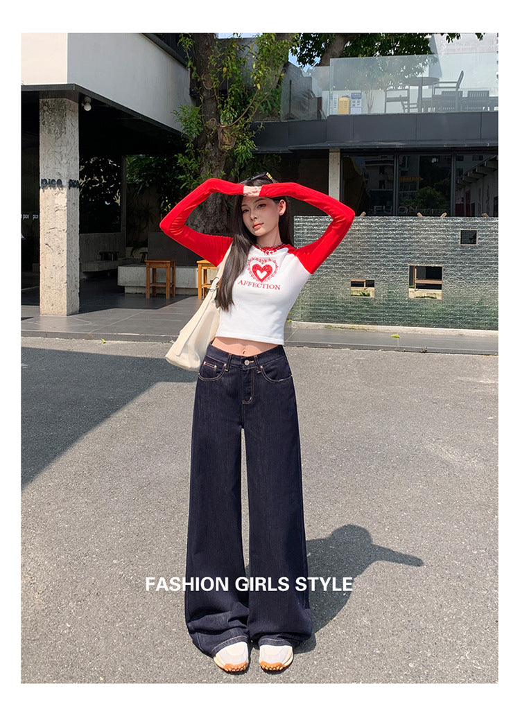 Dark Blue American High-Waisted Wide-Leg Jeans for Women in Autumn and Winter New Style Loose and Slim Straight-Leg Versatile Jeans