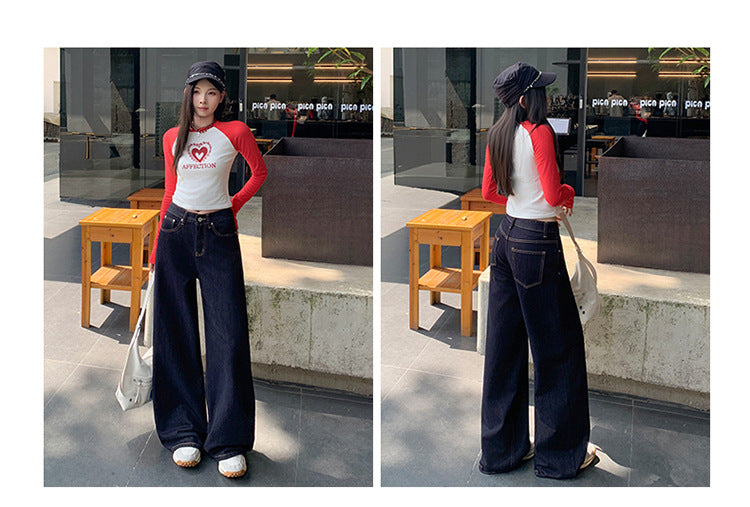 Dark Blue American High-Waisted Wide-Leg Jeans for Women in Autumn and Winter New Style Loose and Slim Straight-Leg Versatile Jeans