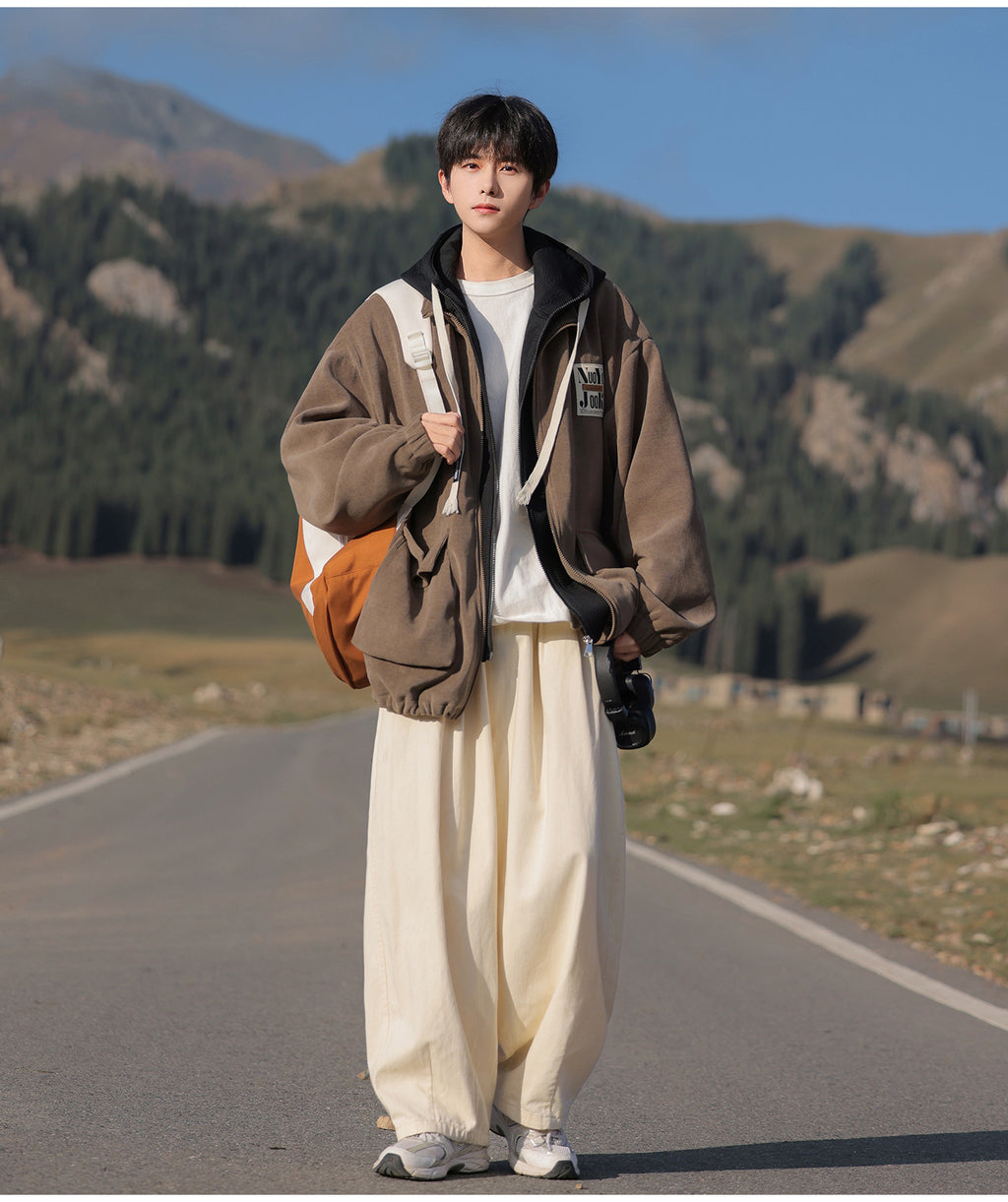 2025 Autumn New Large Size Men's Jackets Fashion Loose Hooded Fake Two-Piece Jackets Trendy Label Tops for Men