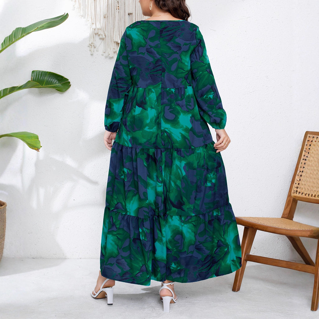 In-Stock Plus-Size European and American Style French Autumn and Winter New Design Fashion V-Neck Printed Pleated Long-Sleeve Long Dress